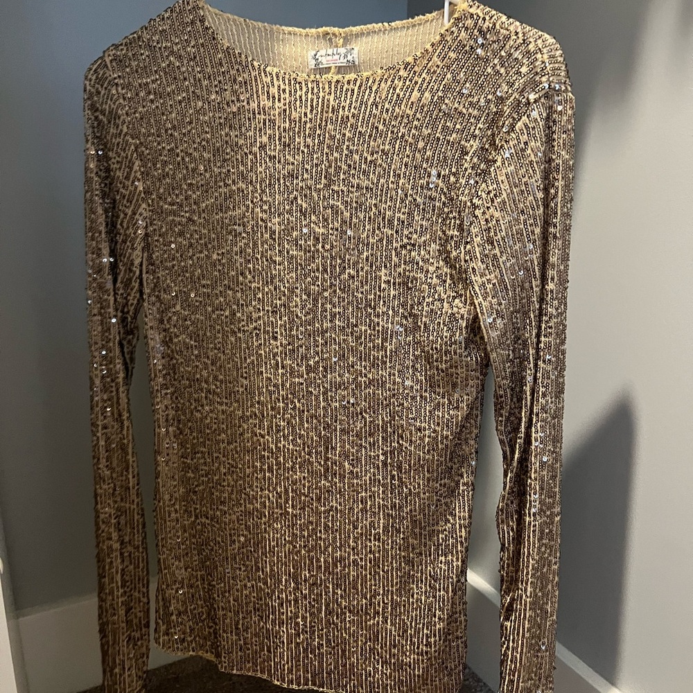 Free People Gold Sequin Long Sleeve Top